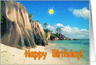 Happy birthday greeting card, Exotic sand beach card