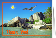 Thank you greeting card,Seychelles beach with bird and sun card