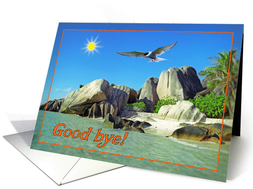 Good bye greeting card,Seychelles beach with bird and sun card