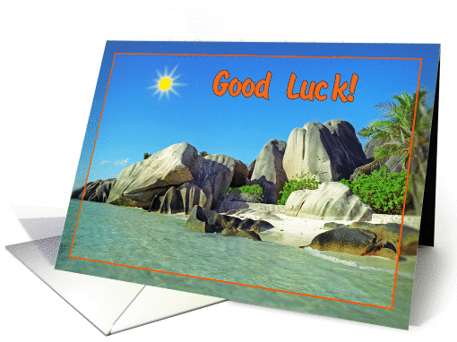 Good luck greeting card,Seychelles beach with bird and sun card