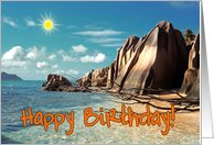 Happy Birthday greeting card, Seychelles exotic beach card