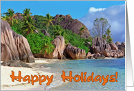 Happy holidays greeting card, Seychelles sand beach card