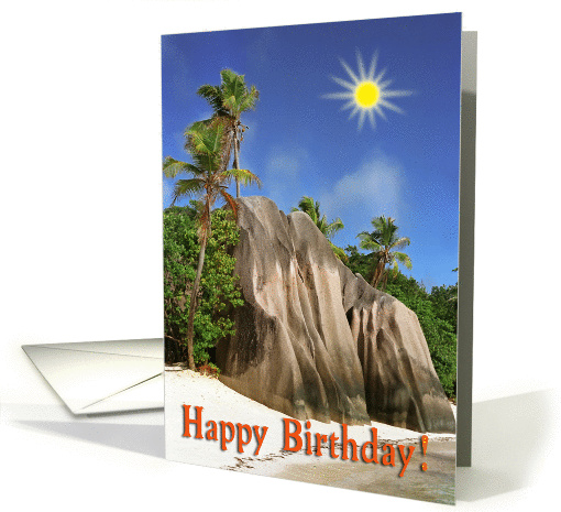 Happy Birthday greeting card, Seychelles beach with sun card (889697)