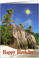 Happy Birthday greeting card, Seychelles beach with sun card