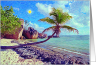 Seychelles beach greeting card, Paint beach with sun card