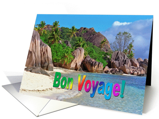 Bon Voyage greeting card, exotic sand beach with big stones card
