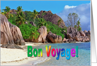Bon Voyage greeting card, exotic sand beach with big stones card