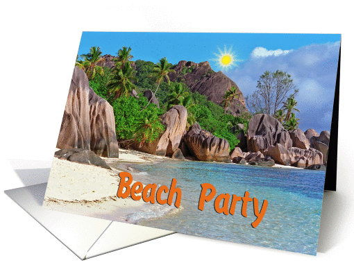 Beach Party greeting card, exotic sand beach with big stones card