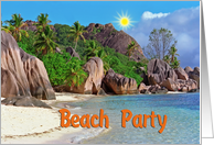 Beach Party greeting card, exotic sand beach with big stones card