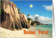 Happy Birthday French greeting card, Panorama Seychelles sand beach card