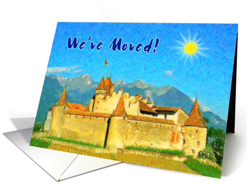 We've moved greeting card, paint old castle with sun on blue sky card