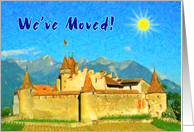 We’ve moved greeting card, paint old castle with sun on blue sky card