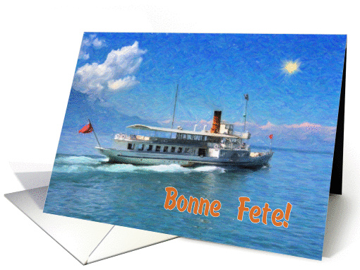 Happy birthday french language greeting card, old cruising ship card