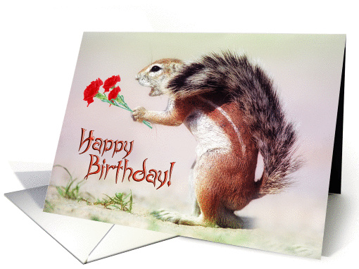 Happy Birthday card, magic sand squirrel with flowers card (940271)