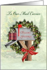 Season’s Greetings To Mail Carrier Mailbox, Wreath, Gift, Bow card