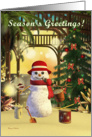 Seasons Greetings Tropical Snowman Palm Trees, Sand Christmas Tree card