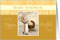 Baby Shower - Mom with Carriage and Umbrella- Golden Yellow card