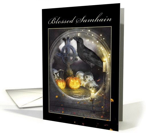 Samhain, Mystical Raven, Skulls, Pumpkins, Candles, Spooky card