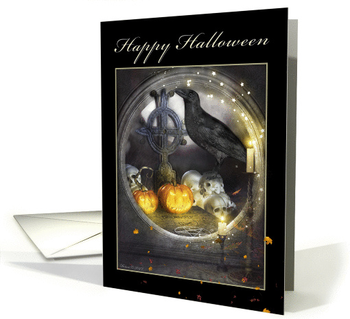 Halloween, Mystical Raven, Skulls, Pumpkins, Candles, Spooky card