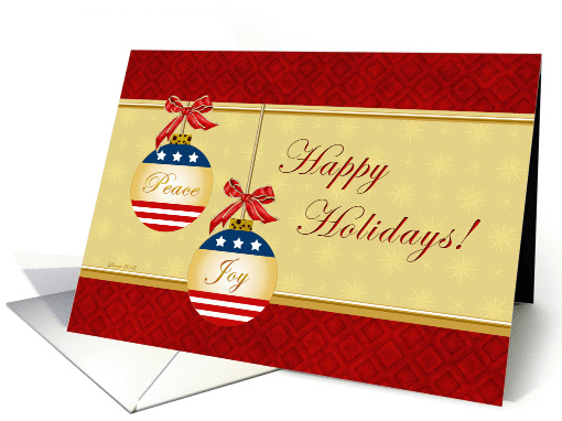 Happy Holidays, Peace, Joy, Patriotic, Stars, Stripes, Ornaments card