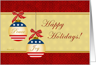 Happy Holidays, Peace, Joy, Patriotic, Stars, Stripes, Ornaments Card