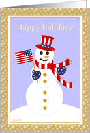 Happy Holidays Patriotic Snowman with USA Flag card