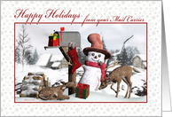 Happy Holidays from Your Mail Carrier Mailbox, Snowman, Deer, Gifts card