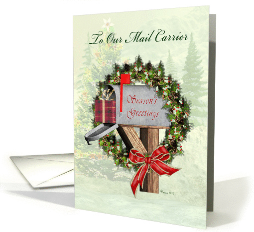 Season's Greetings To Mail Carrier Mailbox, Wreath, Gift, Bow card