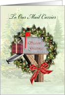 Season’s Greetings To Mail Carrier Mailbox, Wreath, Gift, Bow card