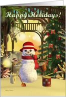 Happy Holidays Tropical Snowman Palm Trees, Sand and Christmas Tree card