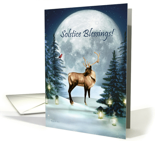 Winter Solstice Blessings Buck Deer, Cardinal Winter Scene card