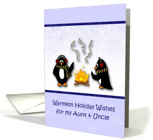 Warmest Holiday Wishes Aunt & Uncle-Penguins by the fire card (689238)