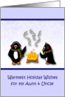 Warmest Holiday Wishes Aunt & Uncle-Penguins by the fire card