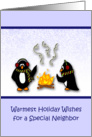 Warmest Holiday Wishes Neighbor-Penguins by the fire card