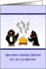 Warmest Holiday Wishes Co-Worker-Penguins by the fire card