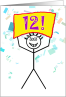 Happy 12th Birthday-Stick Figure Holding Sign card