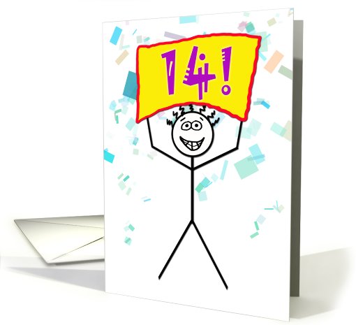 Happy 14th Birthday-Stick Figure Holding Sign card (786009)