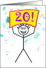 Happy 20th Birthday-Stick Figure Holding Sign card