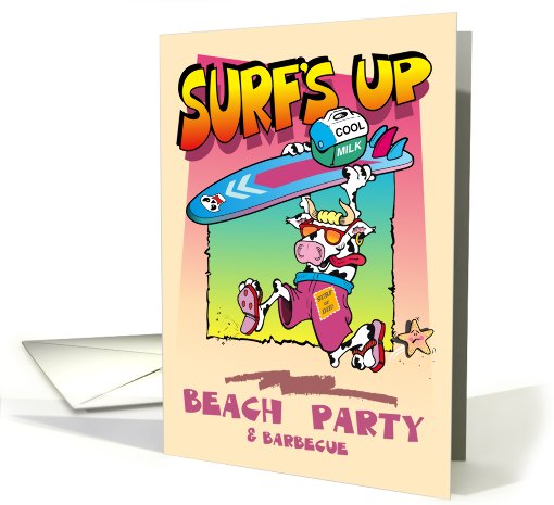 Surfs Up Beach Party Invitation Cow with Surfboard card (658555)