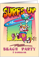 Surfs Up Beach Party Invitation Cow with Surfboard card