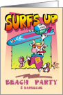 Surfs Up Beach Party Invitation Cow with Surfboard card