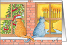 Interfaith Curious Cats with Christmas Tree and Menorah card