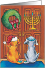 Doggies at the Door with Wreath and Menorah card