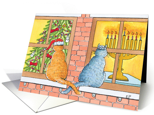 Interfaith Curious Cats with Christmas Tree and Menorah card (922573)