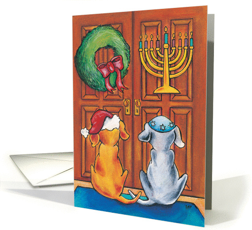 Doggies at the Door with Wreath and Menorah card (922577)