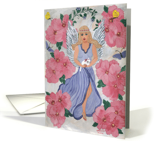 Angel holding cat-pink flowers-yellow butterflies card (627281)