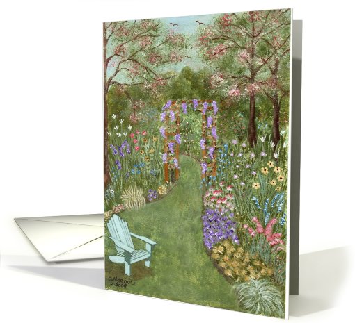 Garden Path, lawn chair, arbor, flowers, outdoors Missing You card