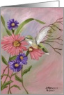 humming bird, purple and pink flowers, outdoors card