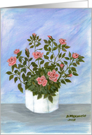 Pink rose bush in white flower pot-note card-stillife card