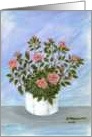 Pink rose bush in white flower pot-note card-stillife card